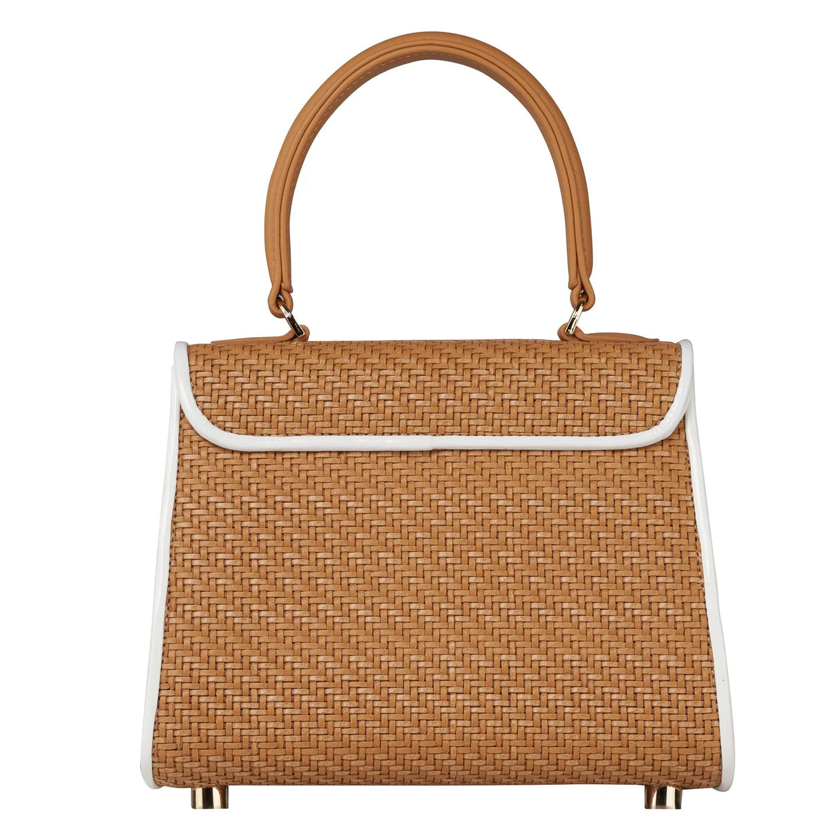Woven herringbone satchel handbag, tan with white-trim front flap and top handles