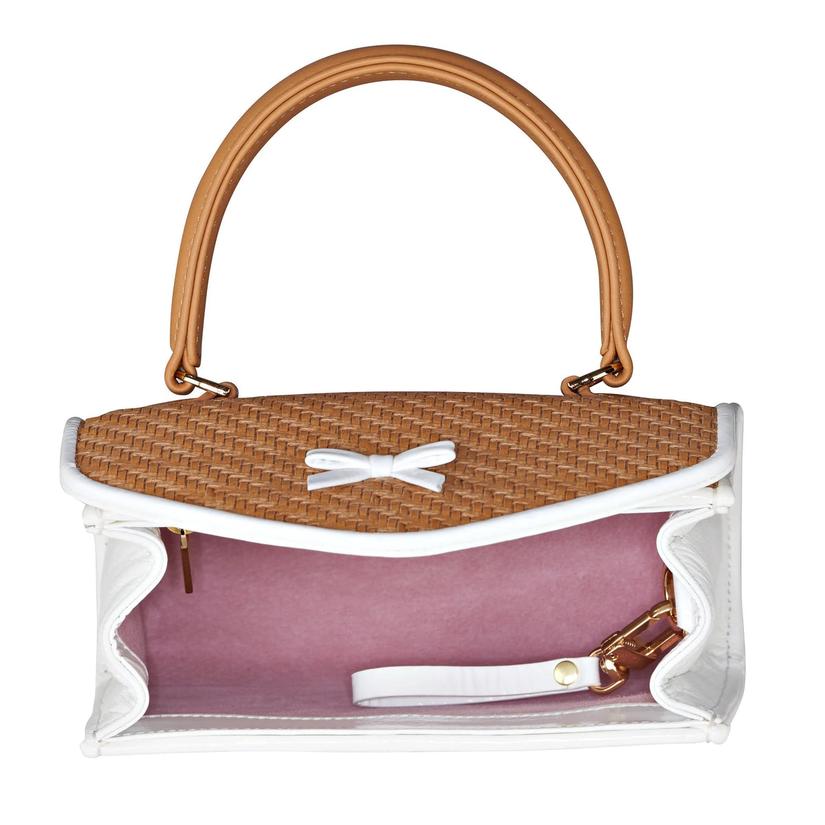 Woven herringbone handbag with open top, tan exterior, white trim, purple lining inside