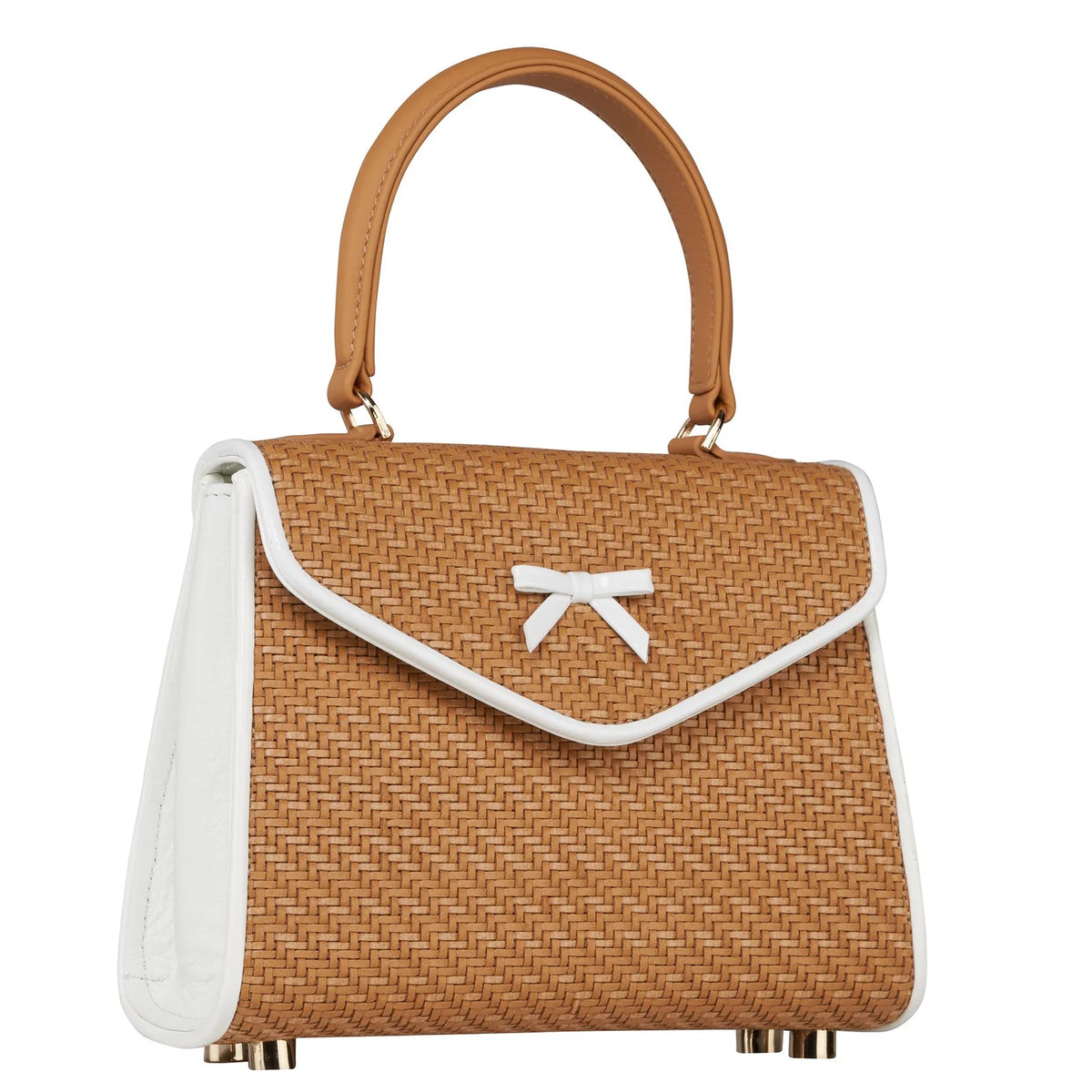 Woven mini tote bag in brown weave with white trim, tan handles, front bow detail