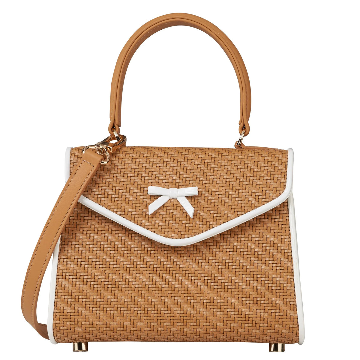 Woven herringbone handbag, tan with white-trim flap, bow detail, crossbody strap