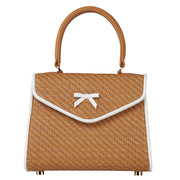 Woven herringbone handbag, tan with white-trimmed top and bow clasp, top handles