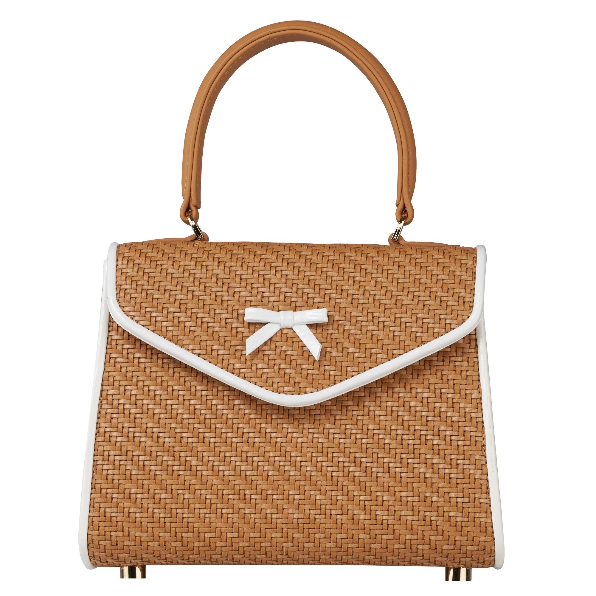 Woven mini tote bag with tan handles, brown weave, white top trim and bow closure