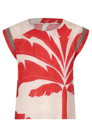 Sleeveless linen top with red and cream abstract palm print, rounded neckline