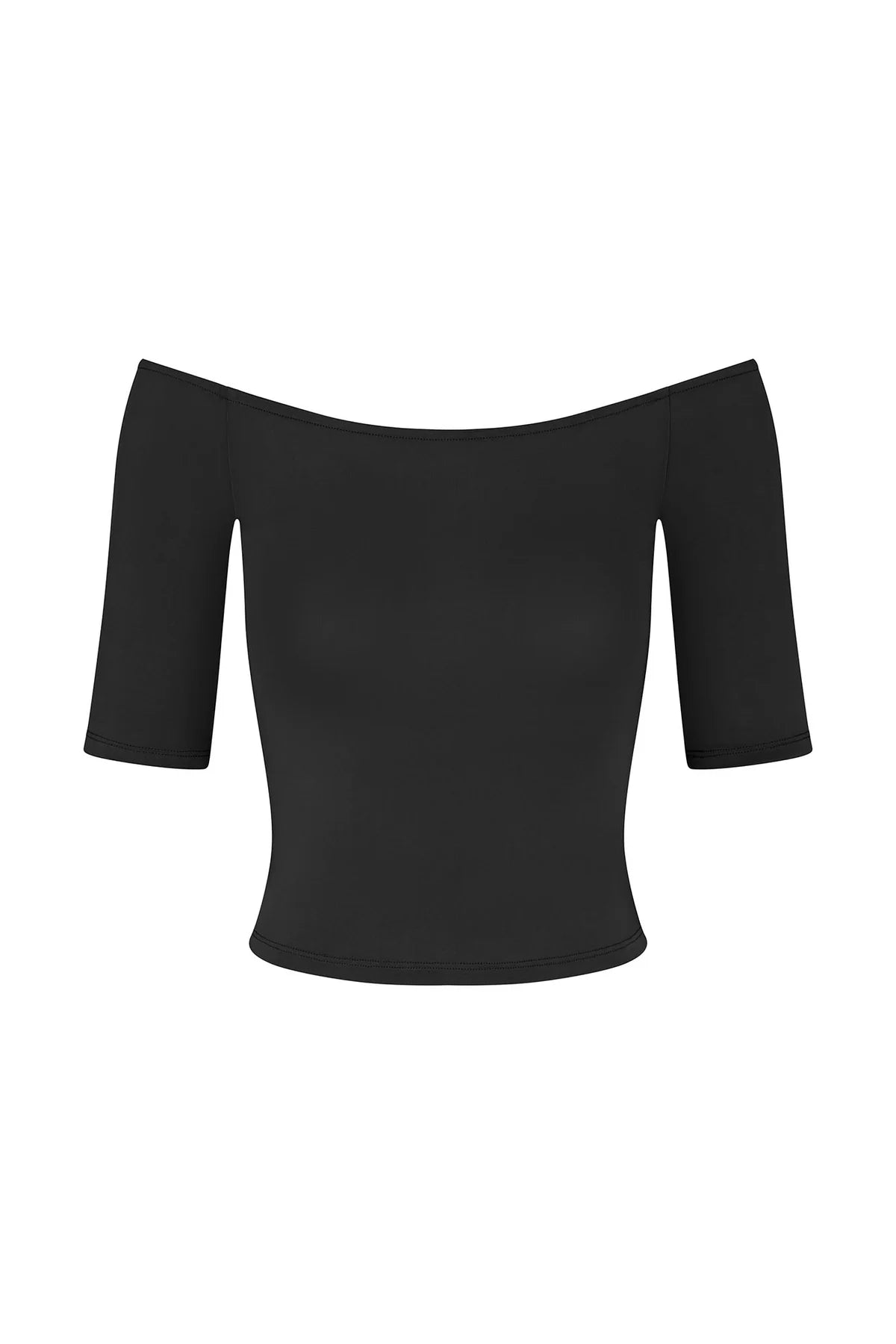 Black off-shoulder top with fitted bodice and short sleeves