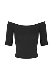 Black off-shoulder top with fitted bodice and short sleeves