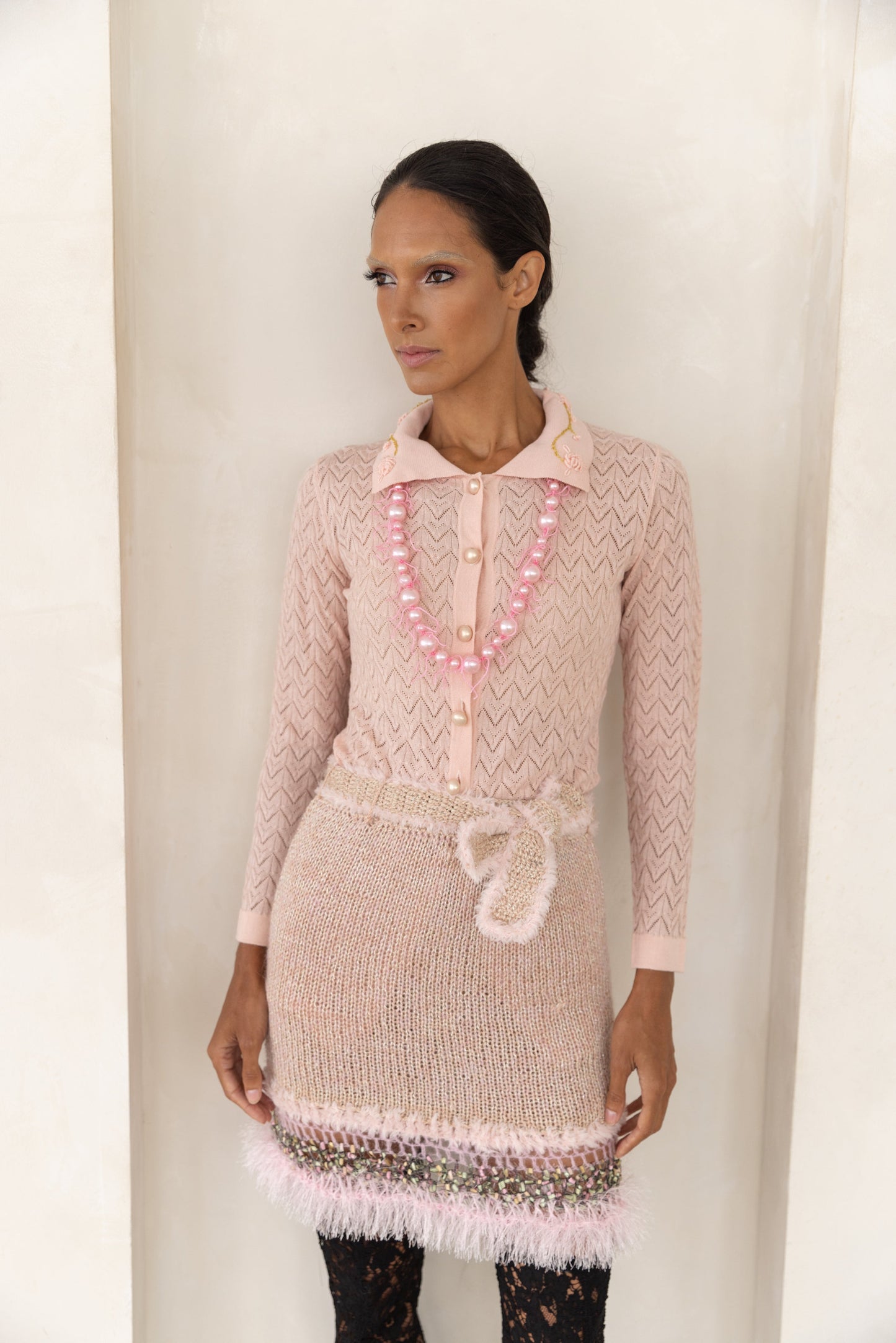 Rococo Baby Pink Handmade Knit Midi Skirt