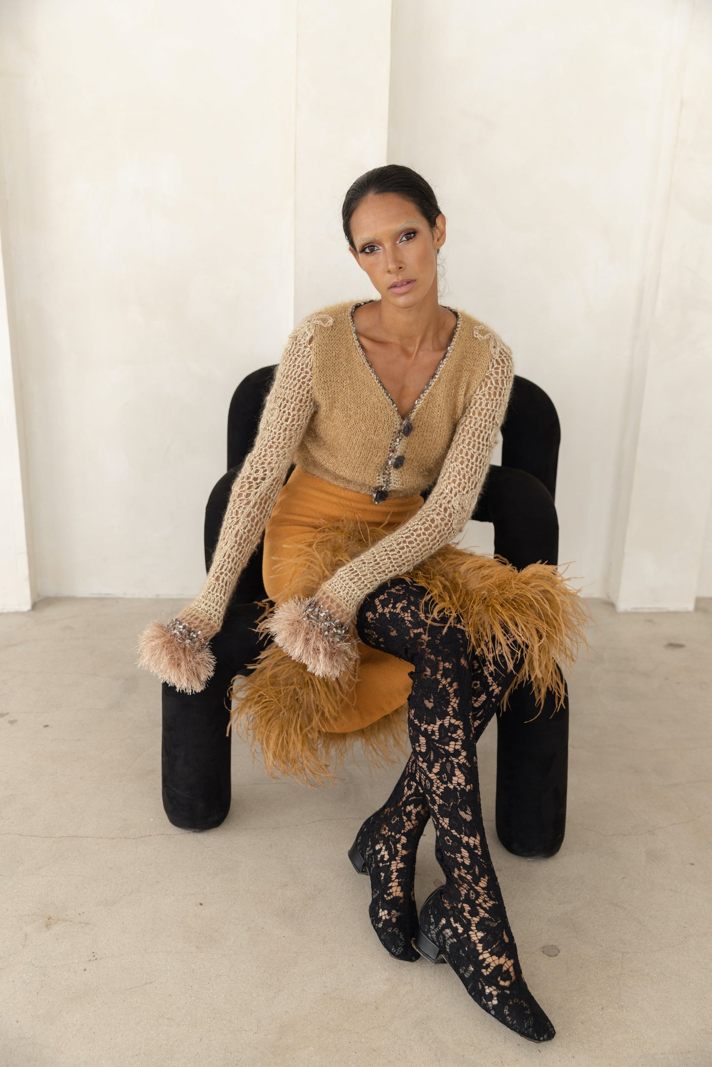 Camel Knit Skirt With Feathers