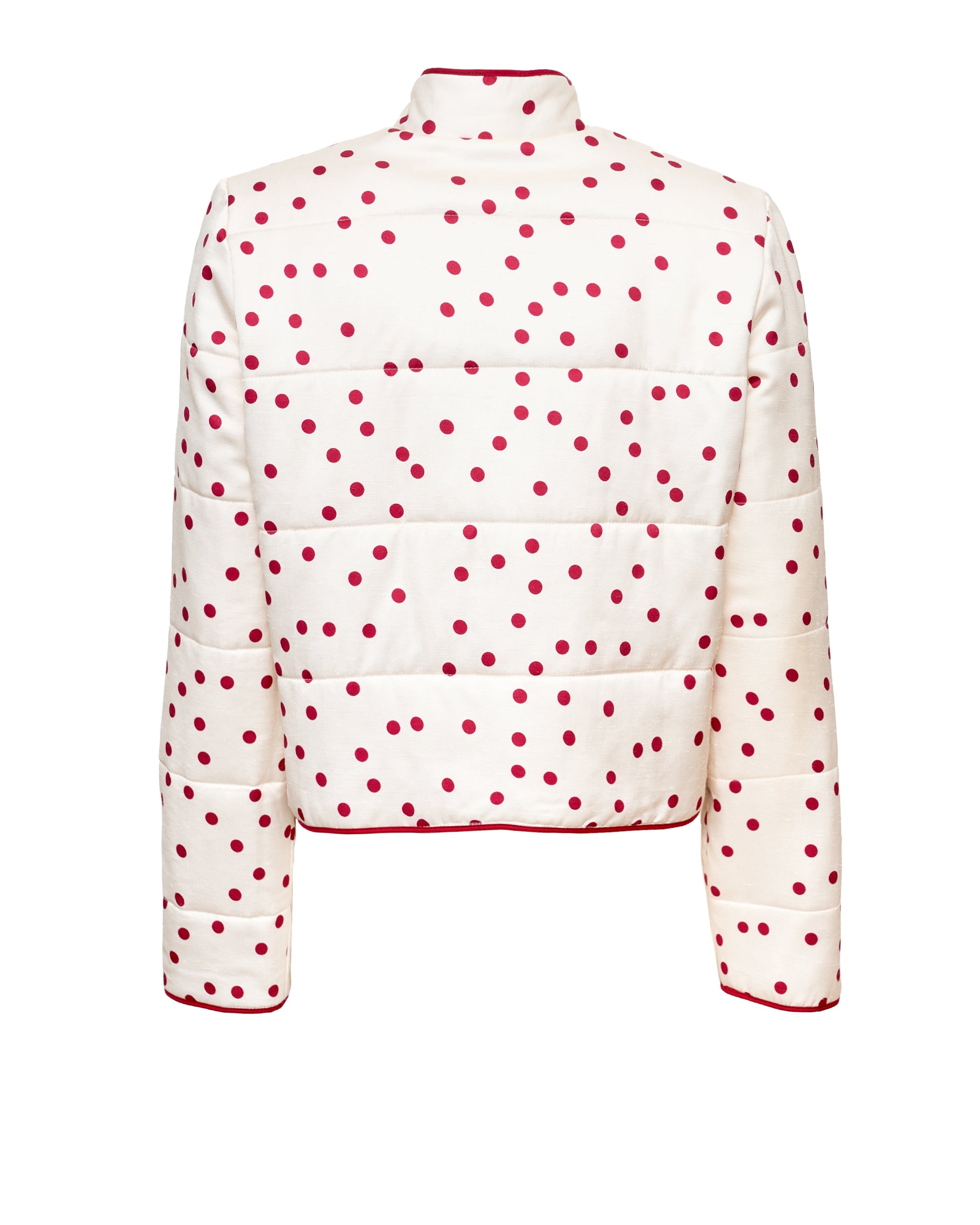 White short jacket with red polka dots, zip front and high collar