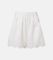White eyelet scallop hem short with elastic waistband and gathered waist