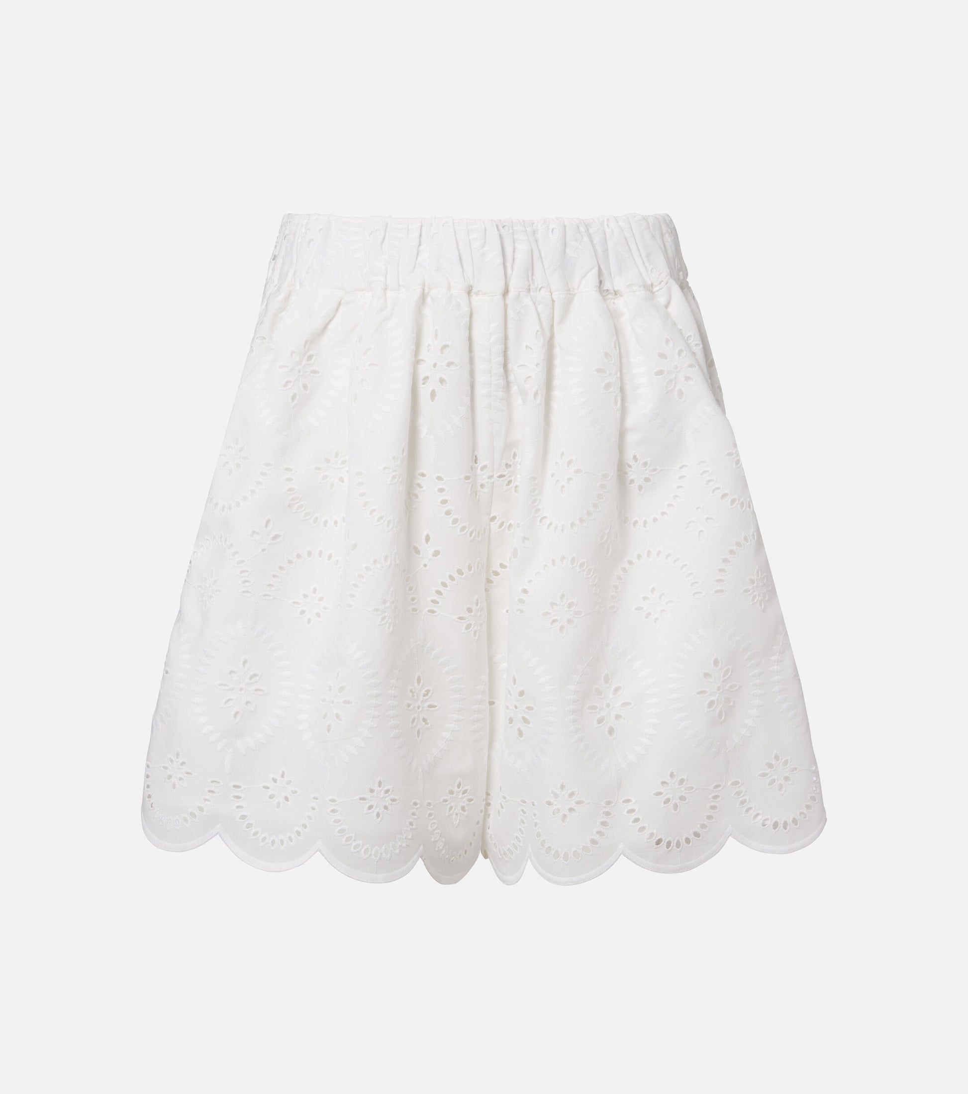 White eyelet scallop hem short with elastic waistband and gathered waist