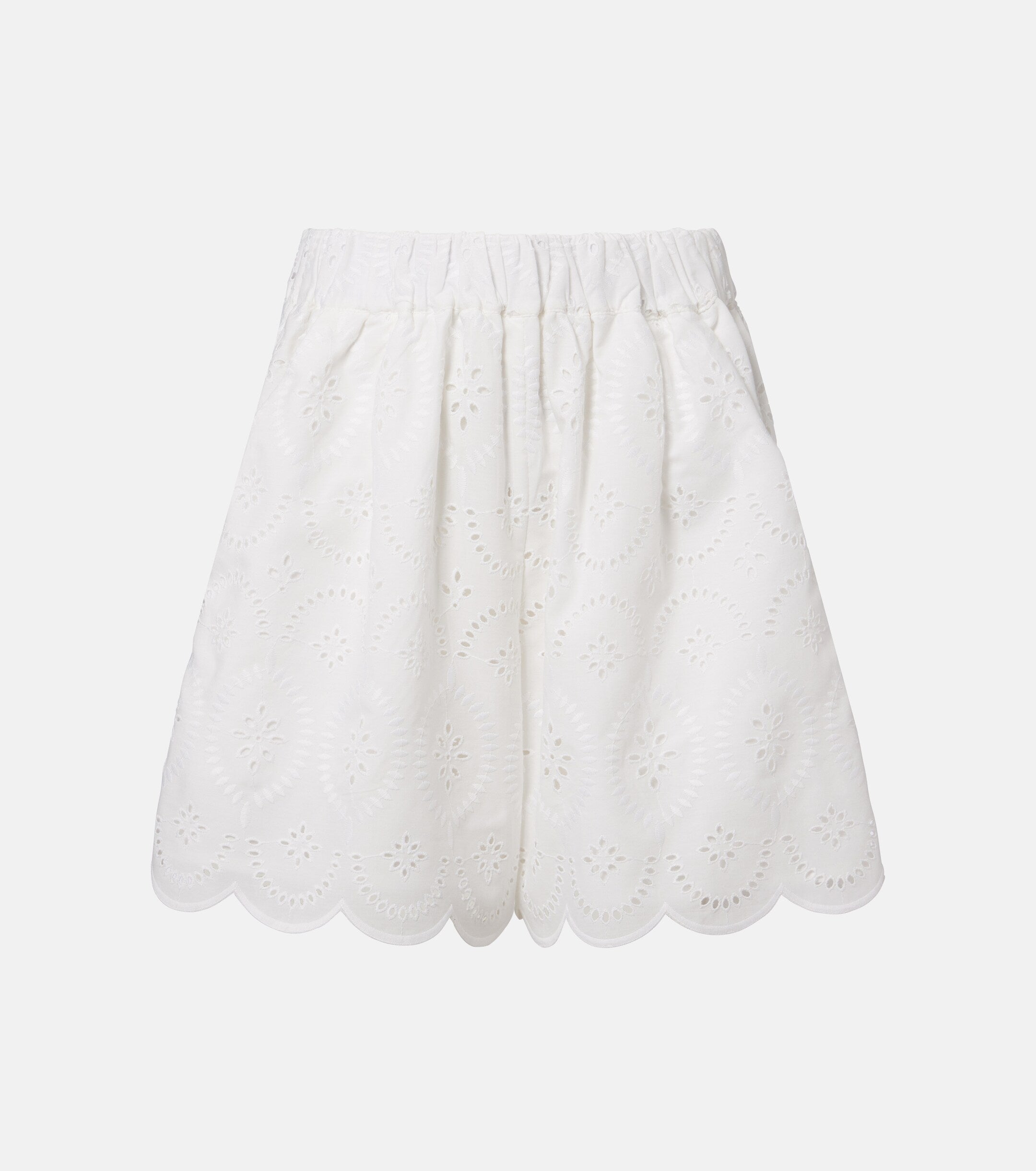White eyelet scallop hem short with elastic waistband and gathered waist