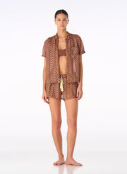 Palmacea chevron camp shirt and short set in terracotta zigzag pattern with tassel neckline