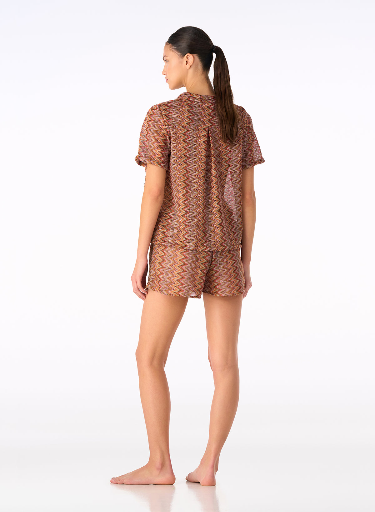 Palmacea chevron camp shirt and short set in terracotta zigzag pattern (back view)