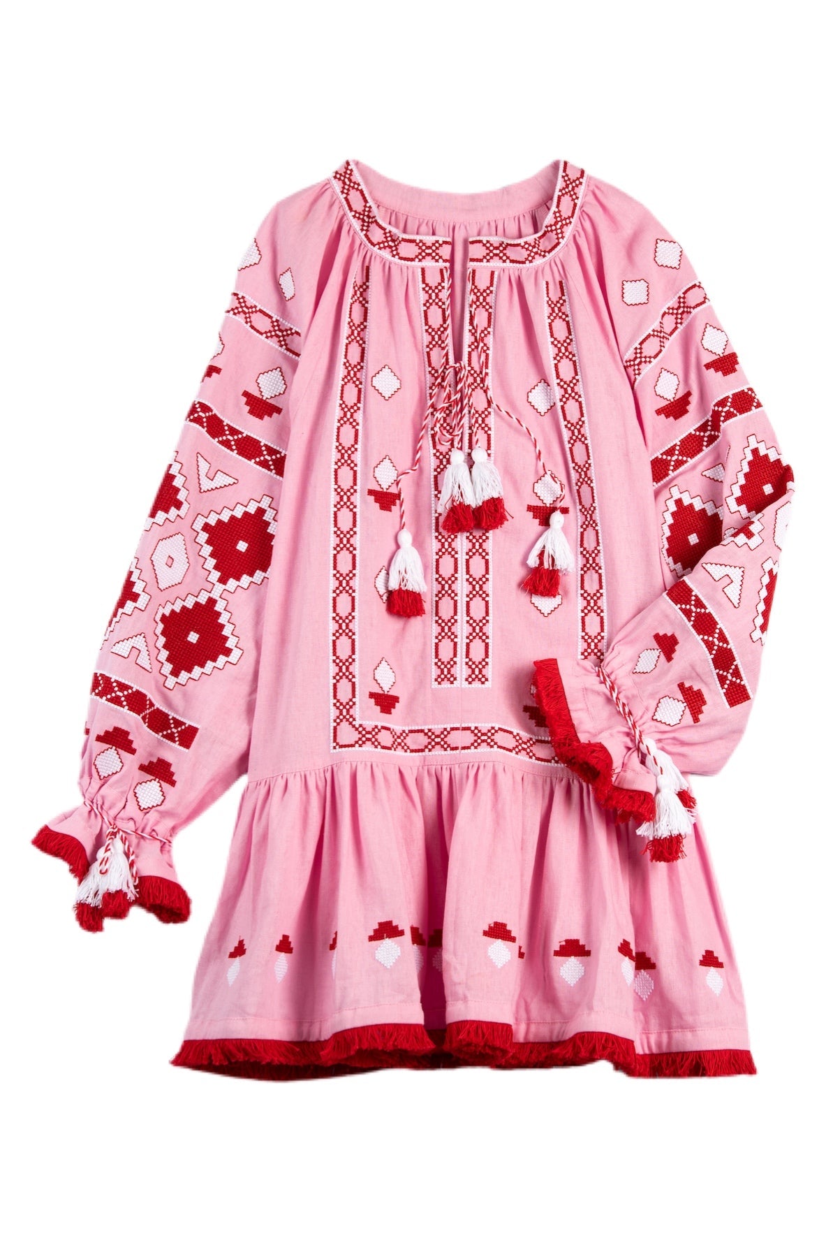 Nomeda Embroidered Ukrainian Dress - Pink, Red