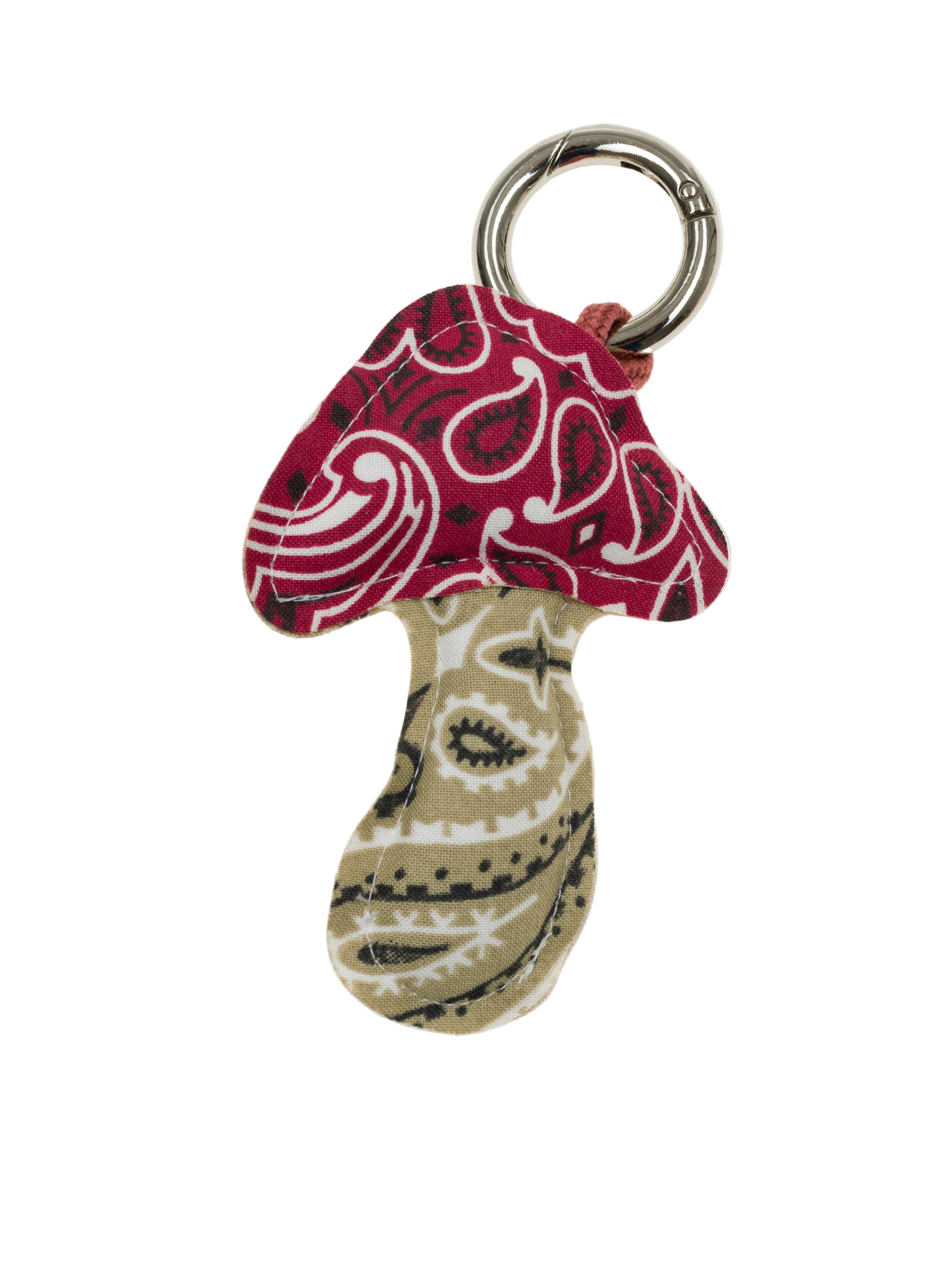 Fabric mushroom key ring charm with pink and red patterned cap, beige stem details