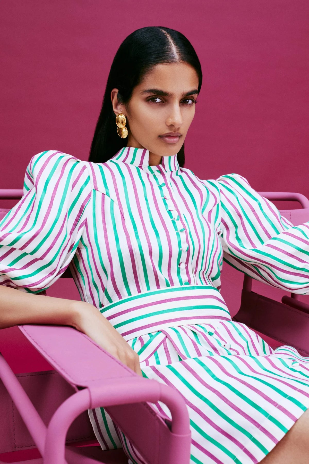 Destree striped mini dress with puff sleeves and cinched waist, buttoned shirt front.