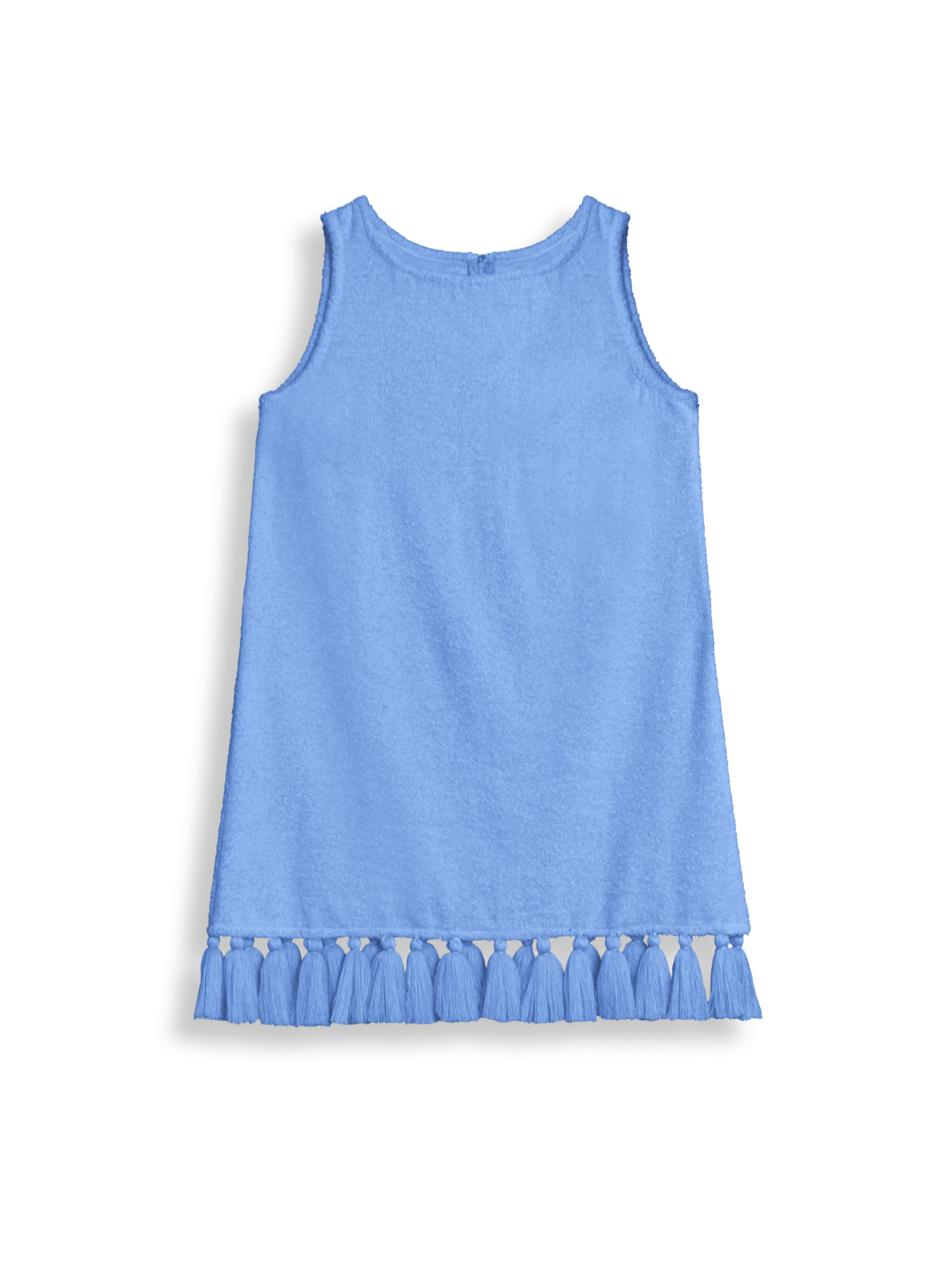 Light blue cotton-terry mini dress, sleeveless with tassel fringe hem