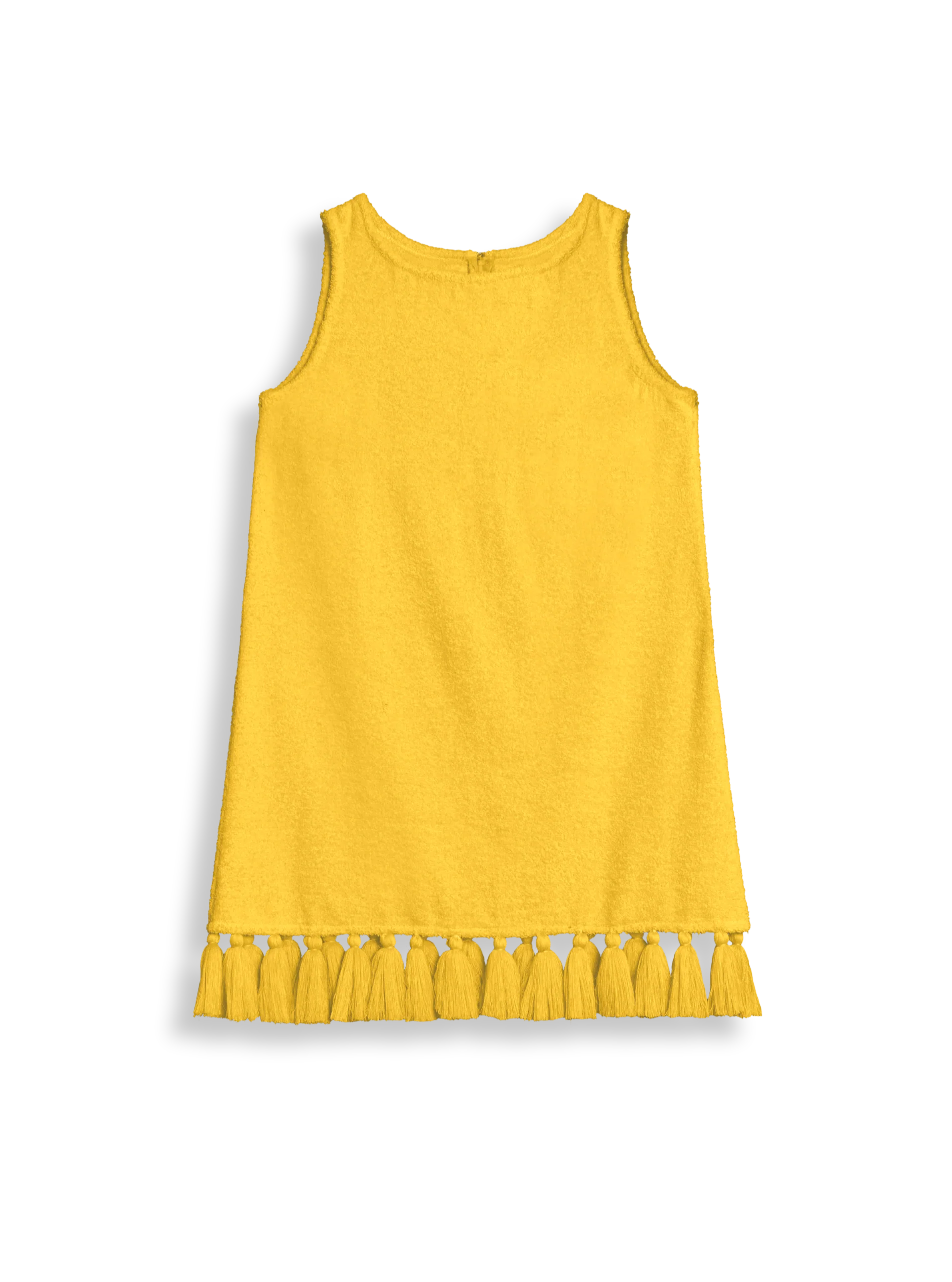 Yellow cotton-terry mini dress, sleeveless, tassel hem