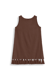 Brown cotton-terry mini dress, sleeveless, tassel hem