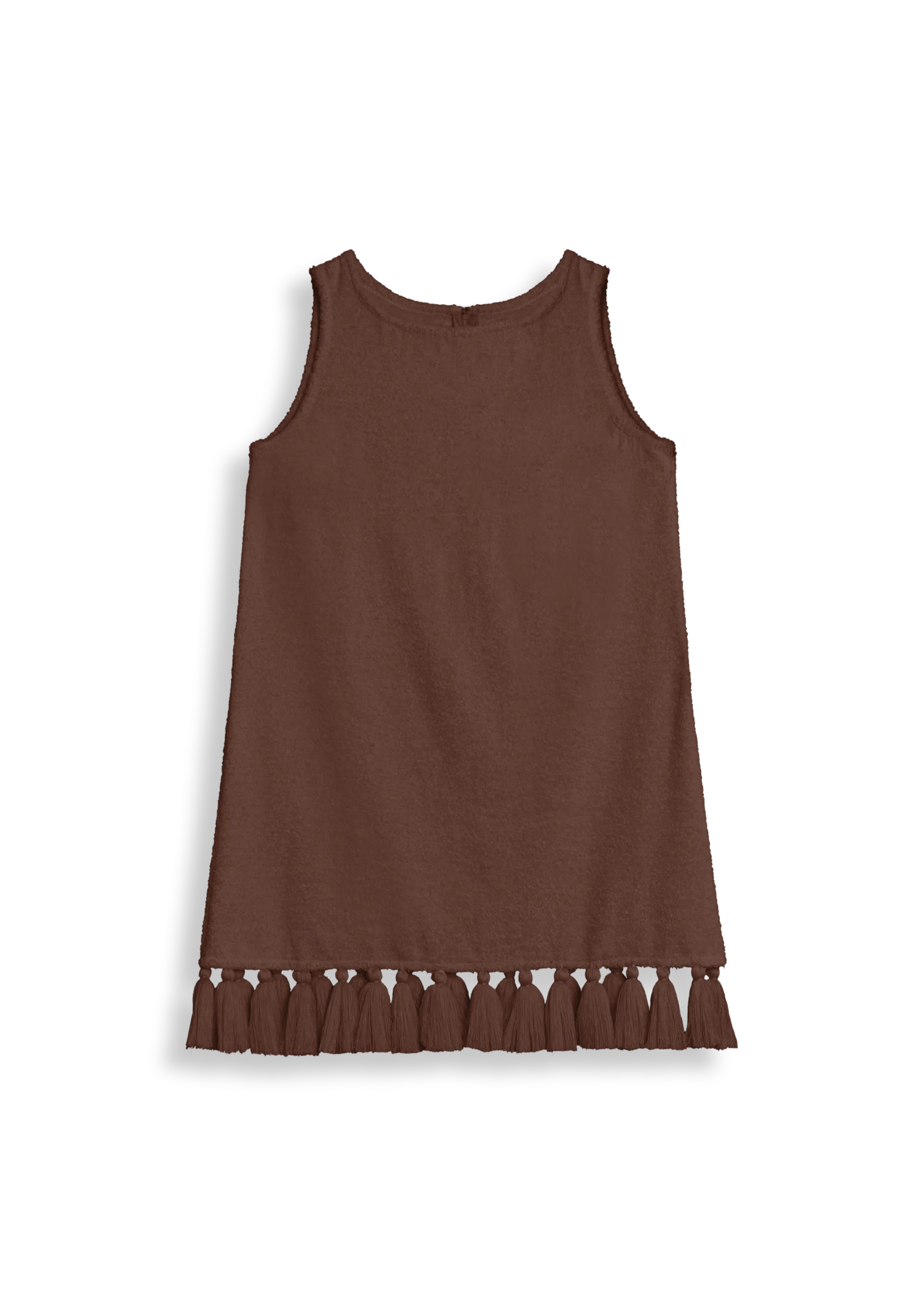Brown cotton-terry mini dress, sleeveless, tassel hem