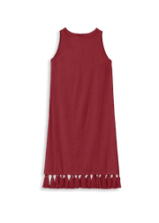 Burgundy cotton-terry midi dress, sleeveless, with tassel-trim hem