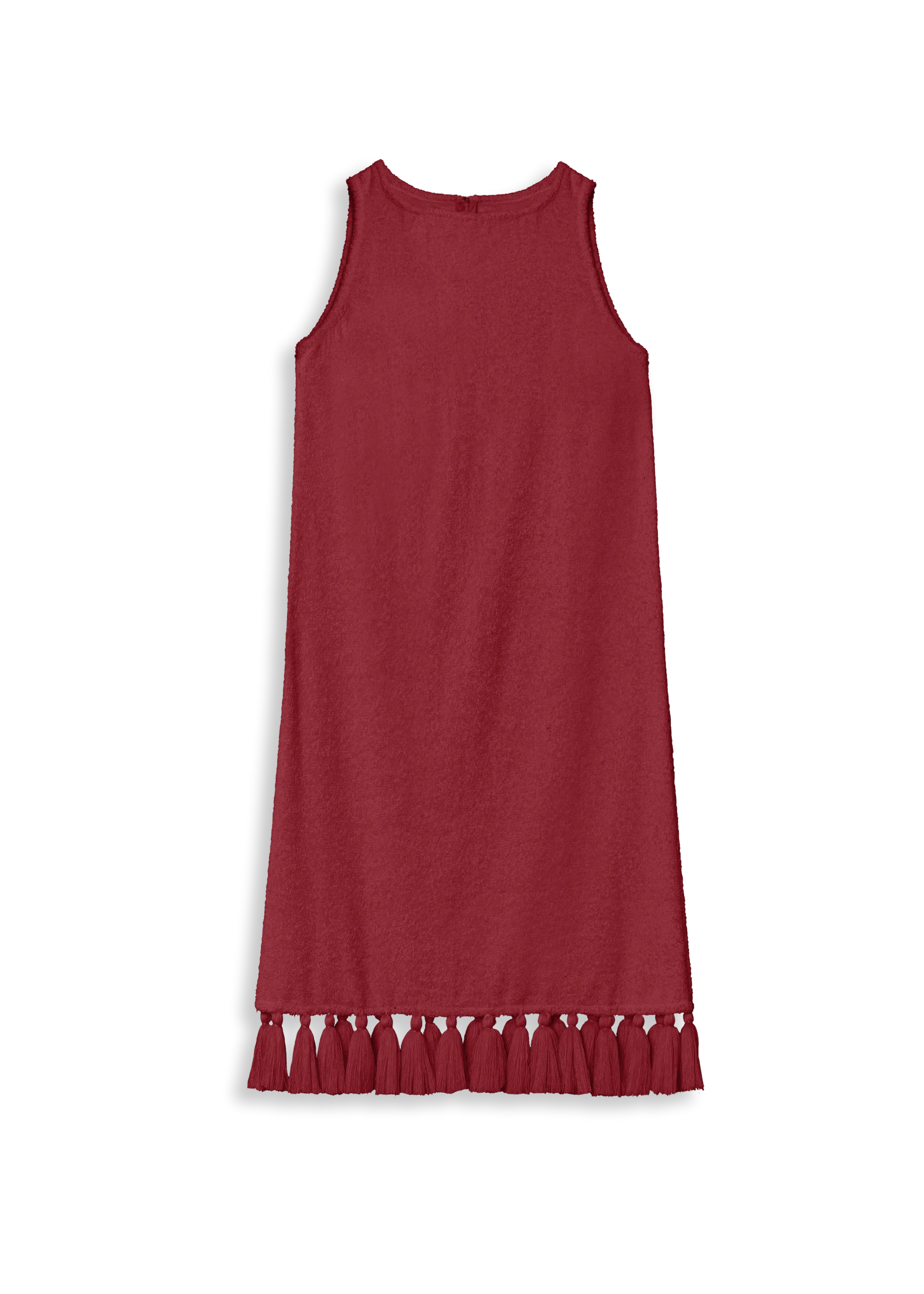 Burgundy cotton-terry midi dress, sleeveless, with tassel-trim hem
