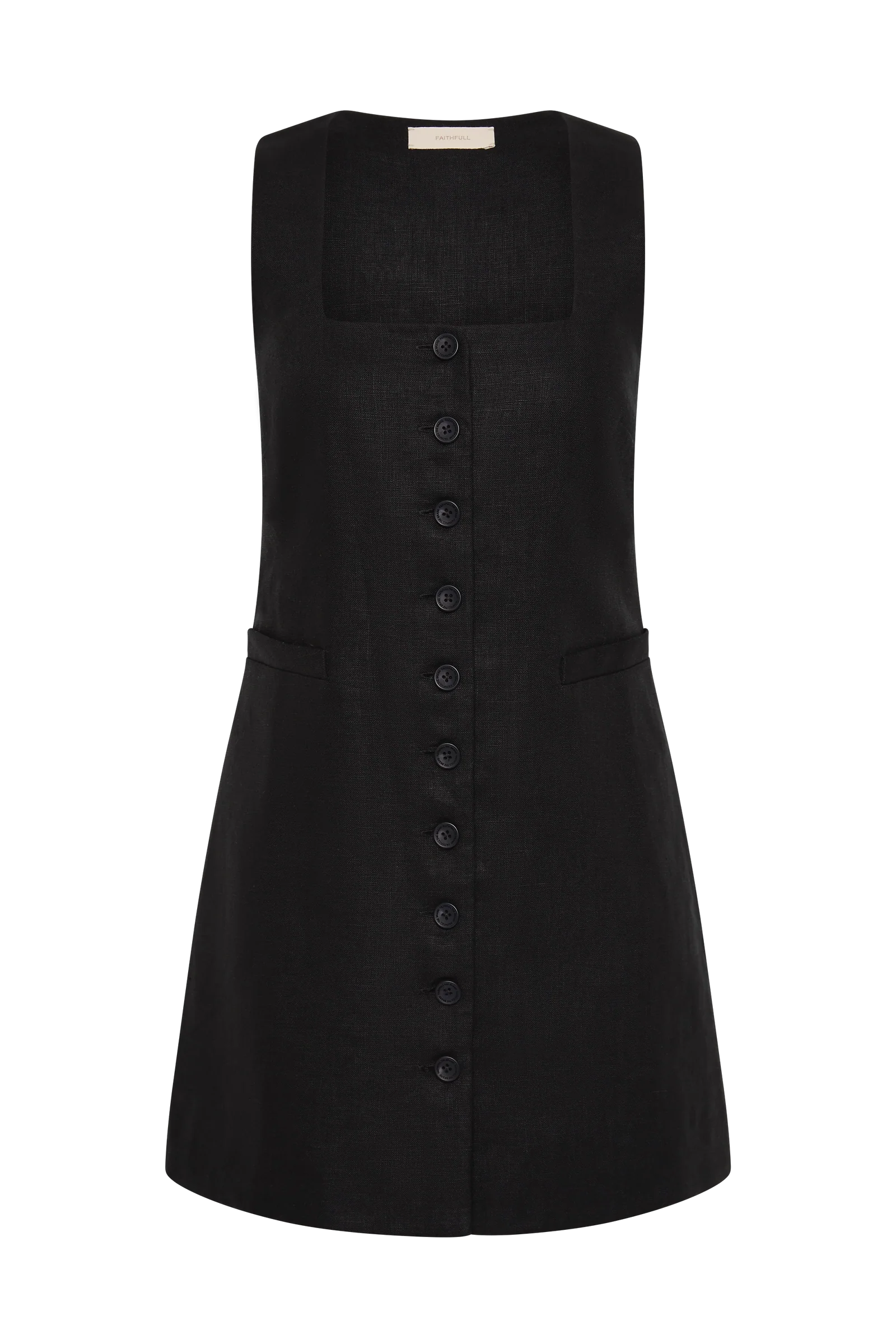 Jaques mini dress, sleeveless black with square neck and button front
