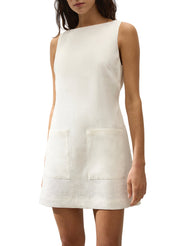Off-white sleeveless mini dress with straight neckline and two front patch pockets