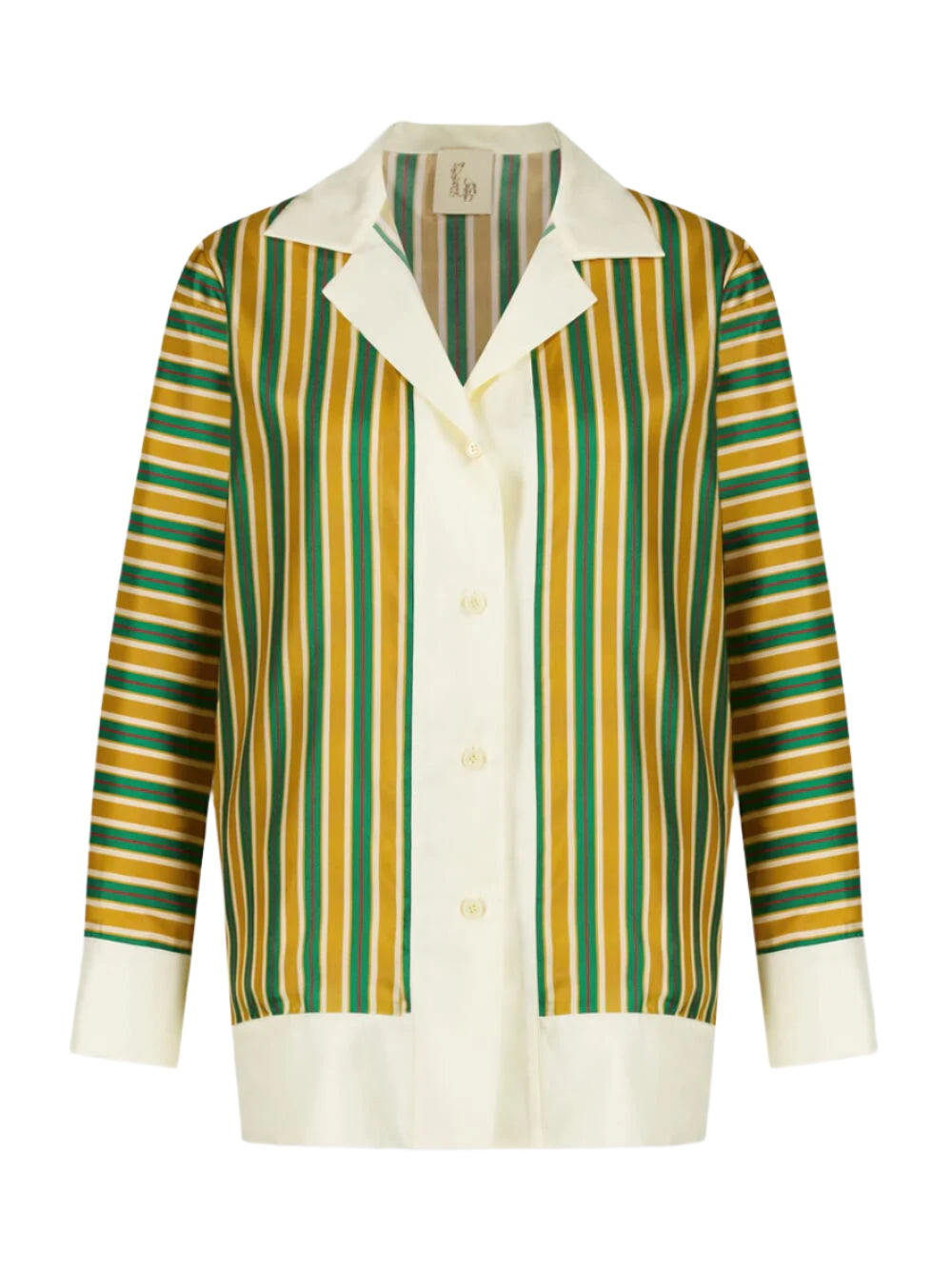 Printed silk twill shirt with striped front, notched collar, long sleeves, button placket