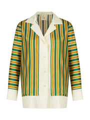 Printed silk twill shirt with striped front, notched collar, long sleeves, button placket