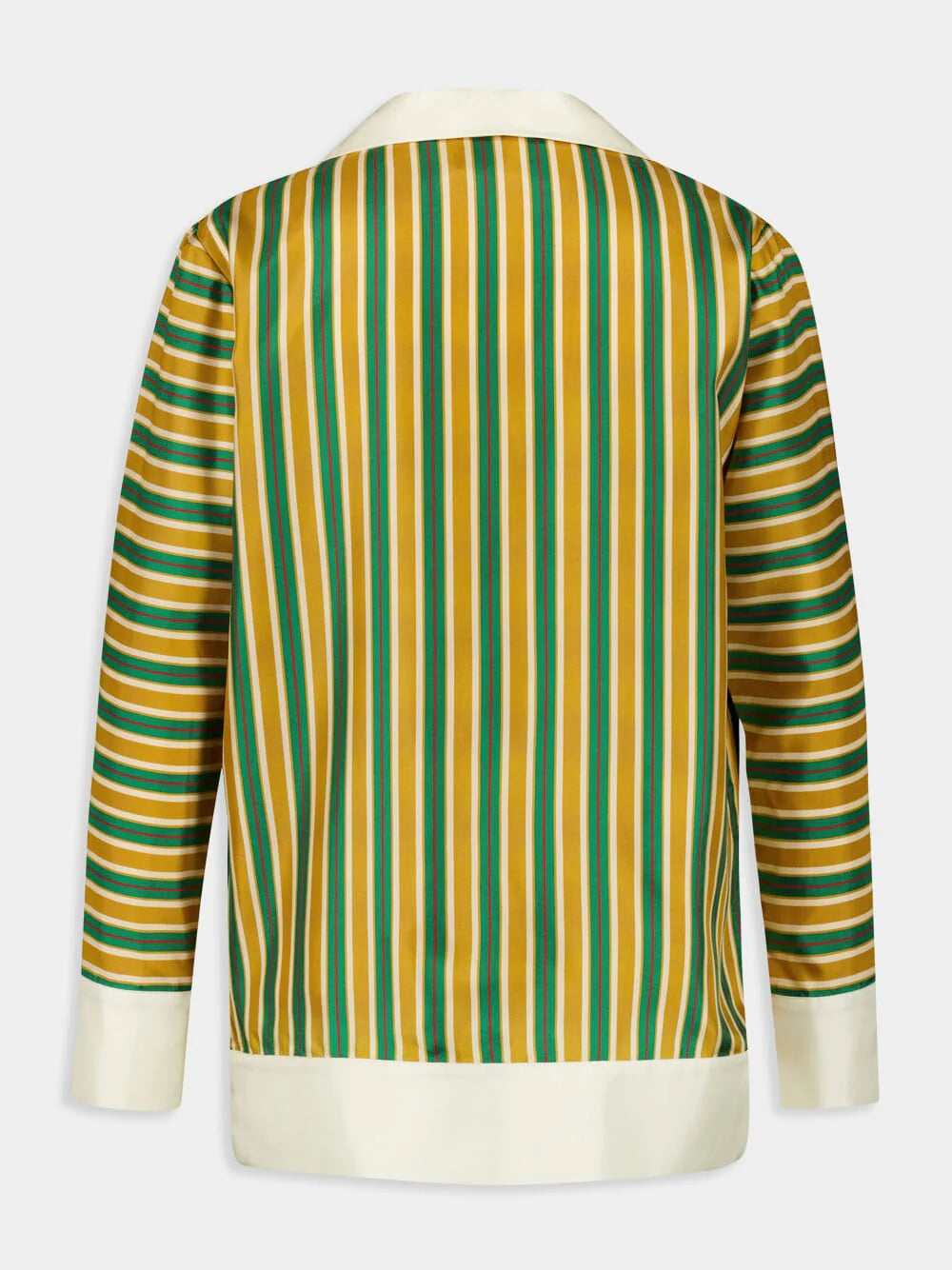 Printed silk twill shirt back view with vertical striped panels and long sleeves