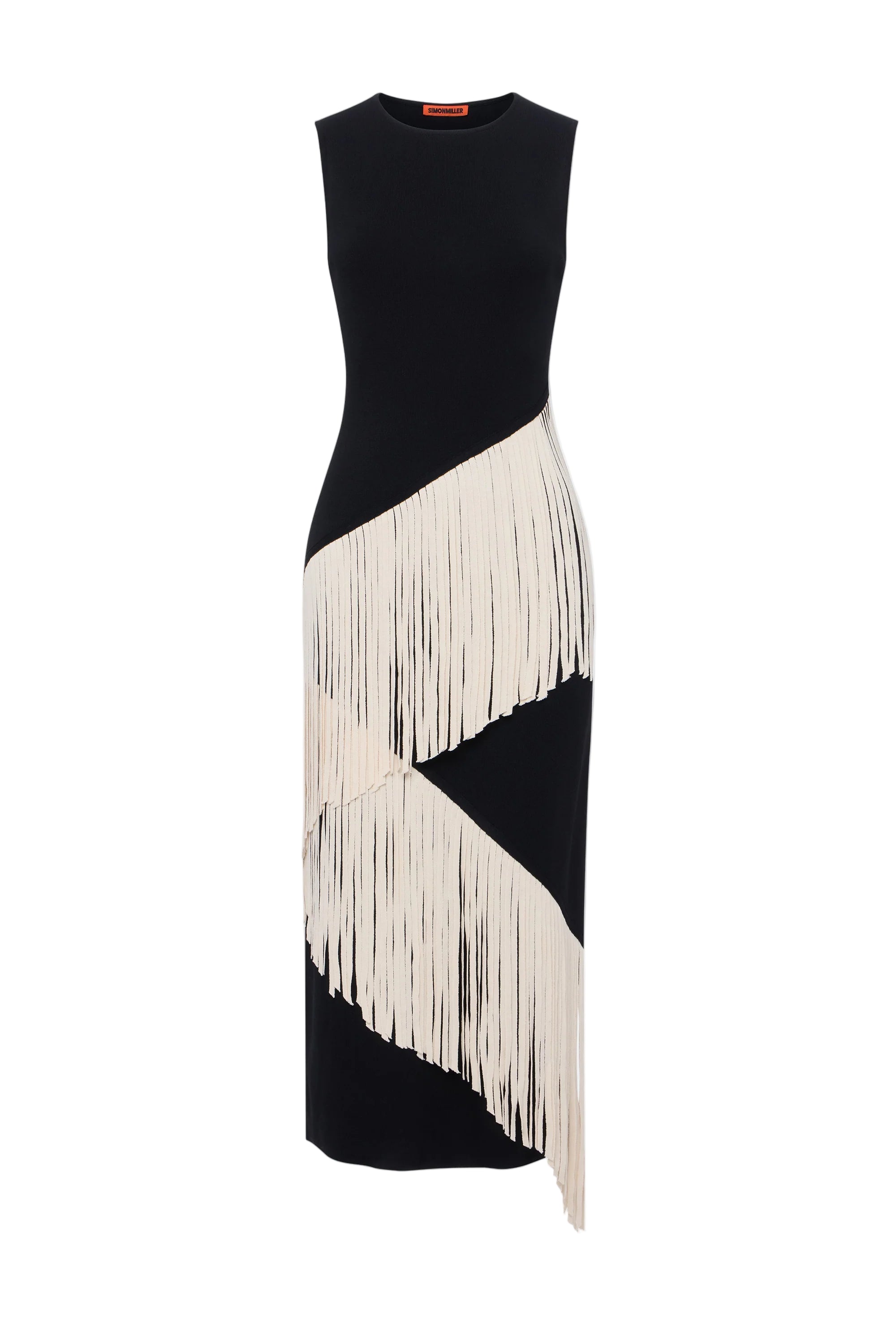 Spiral knit dress with black sleeveless bodice and white fringe diagonal panels