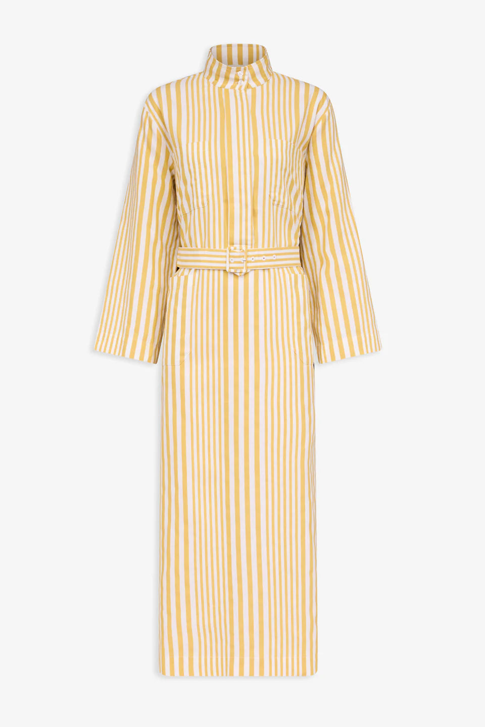 Yellow striped belted midi dress with buttoned stand collar and 3/4 sleeves