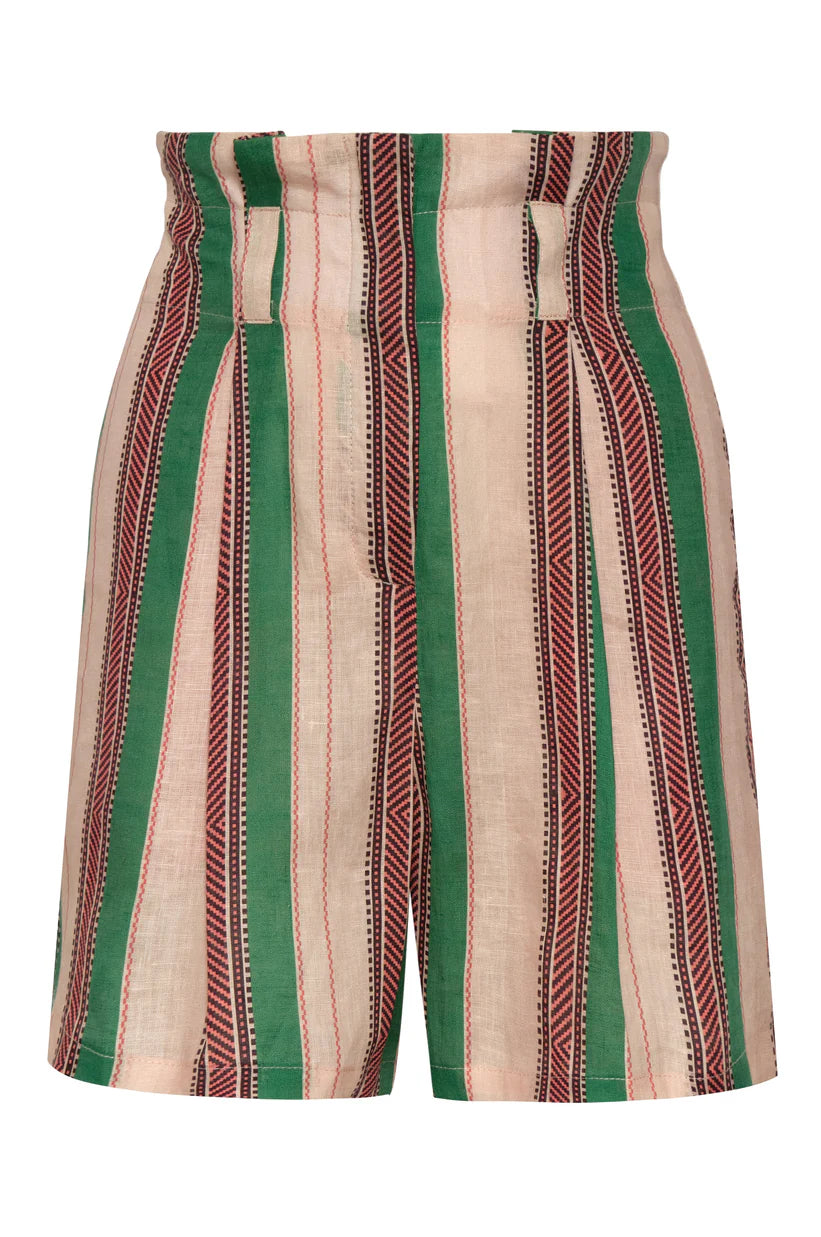 Linen shorts in green and off-white vertical stripe fabric