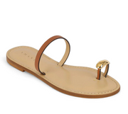 Leather thong sandal with tan footbed, brown strap, and gold-tone buckle detail.