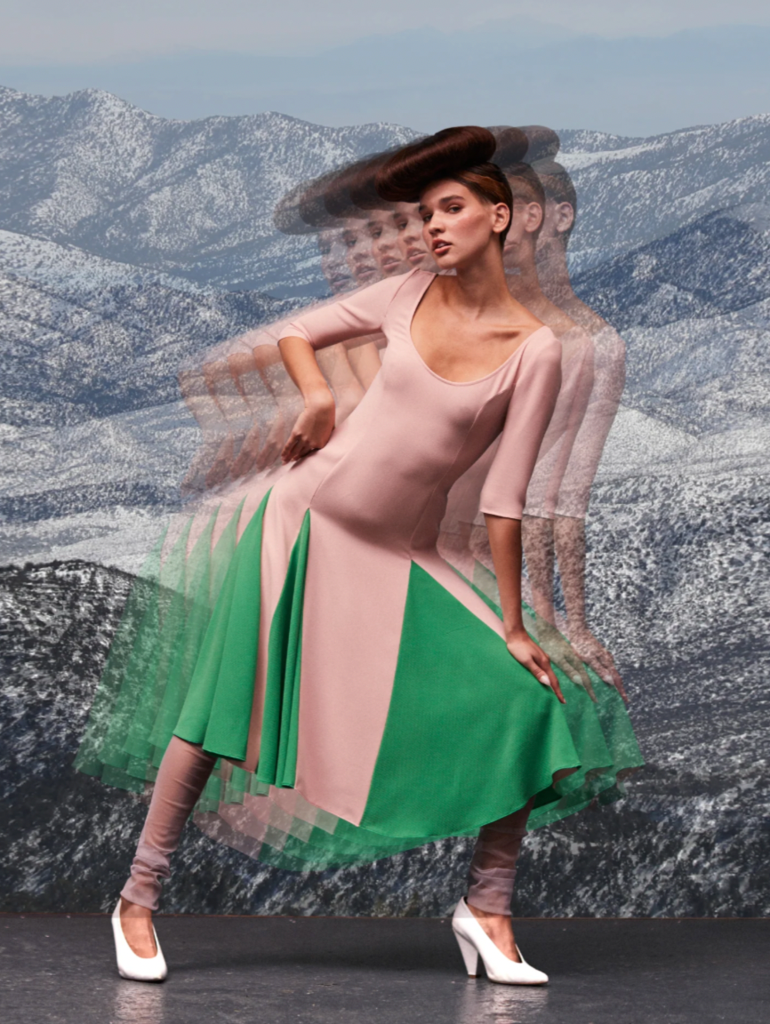 Blush midi dress with square neckline, three-quarter sleeves, green layered skirt panels