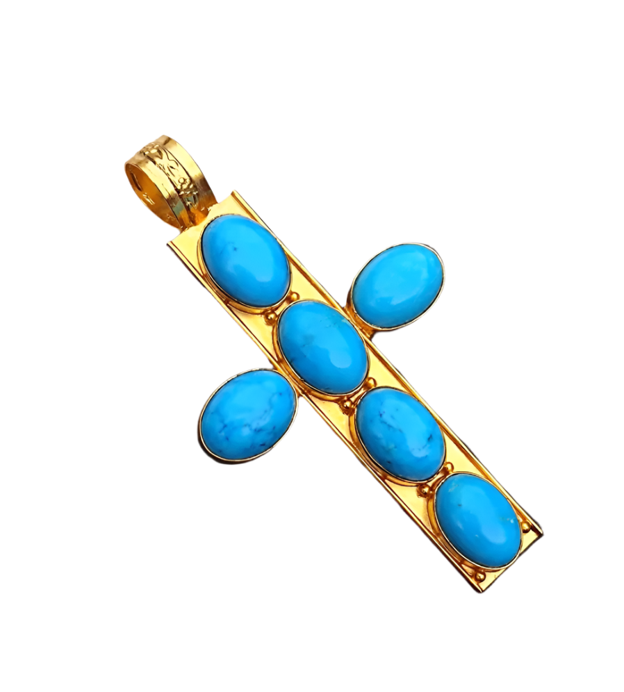 Turquoise cross pendant with gold-tone frame and oval turquoise stones