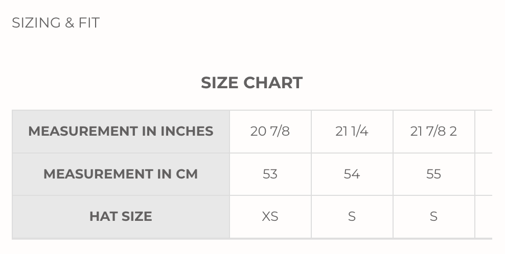 Clairborne hat sizing chart with measurement in inches and cm plus size XS–S