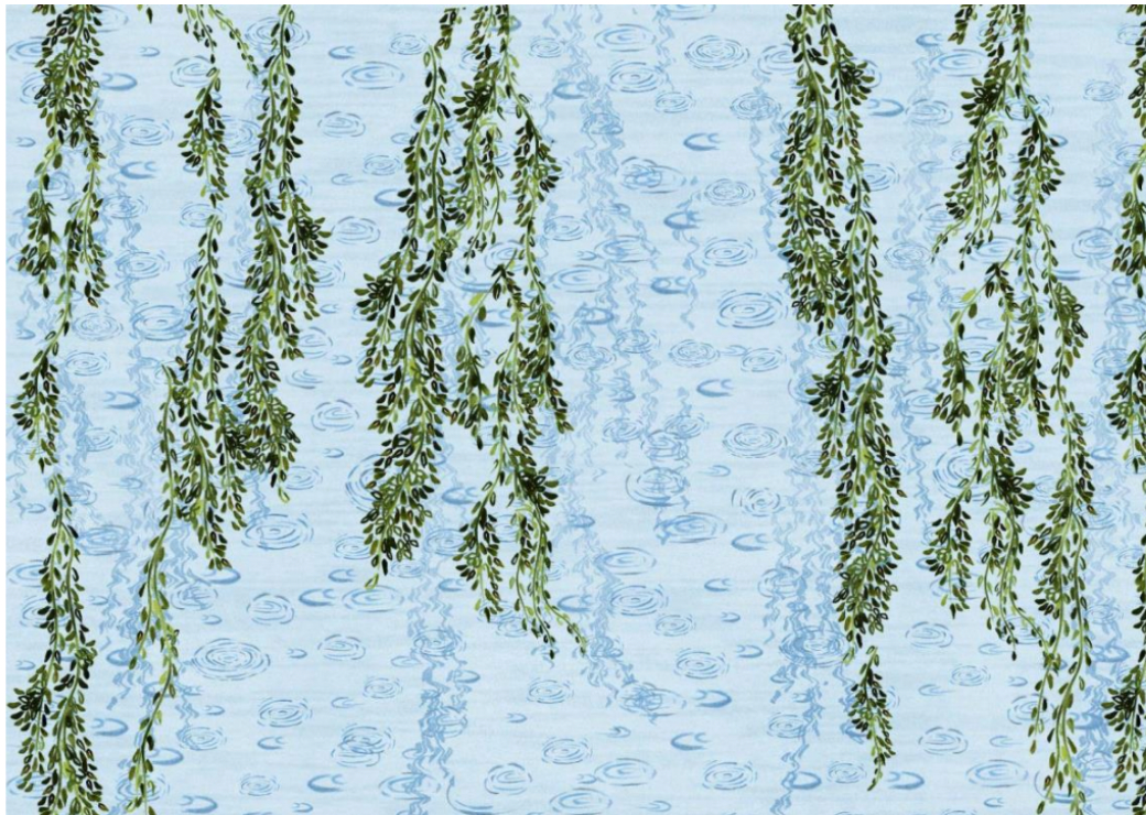 Light blue floral poplin fabric with cascading green leaf vines pattern