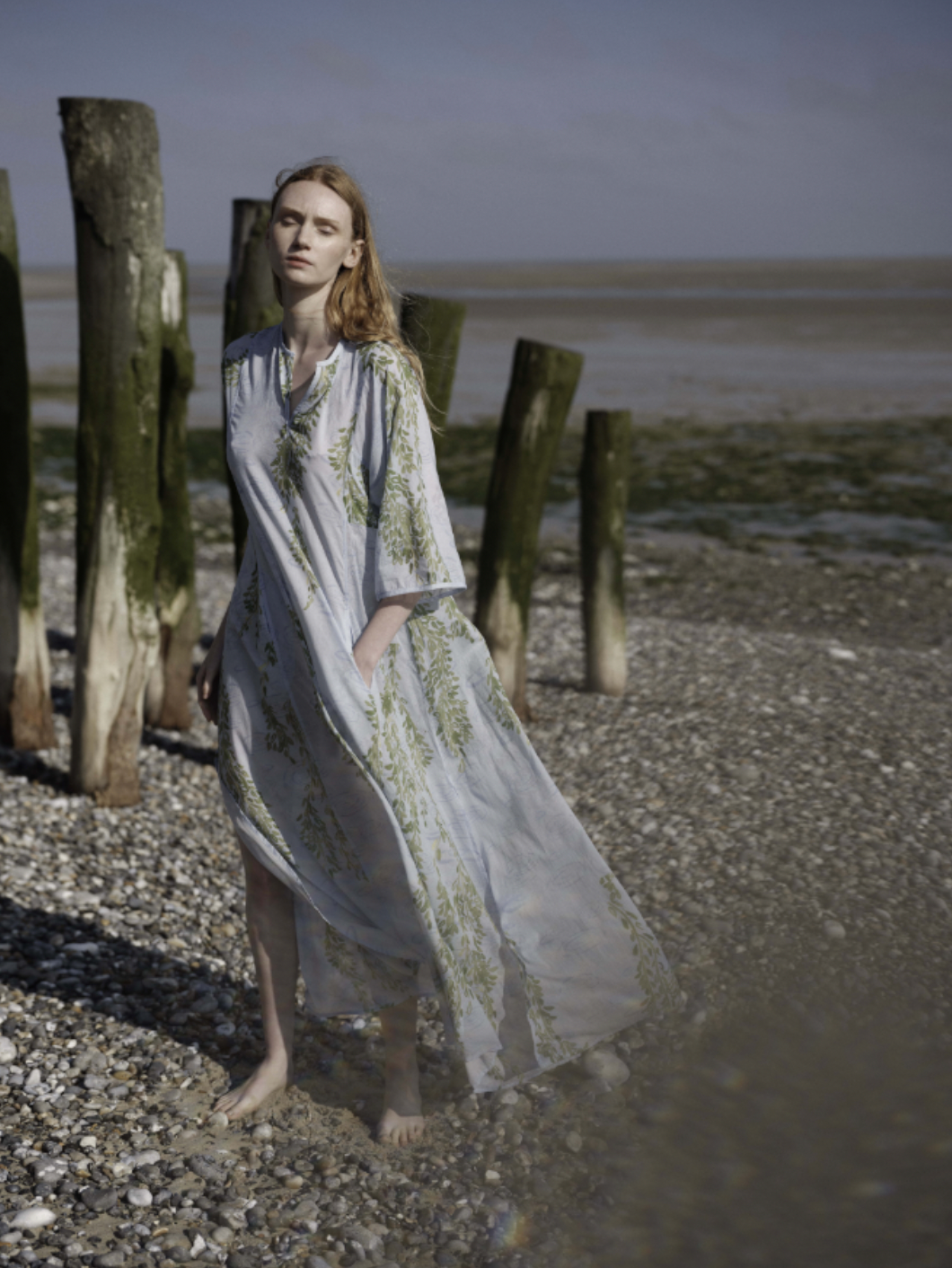 Floral poplin Rachel kaftan, light blue with green leafy print, draped long dress