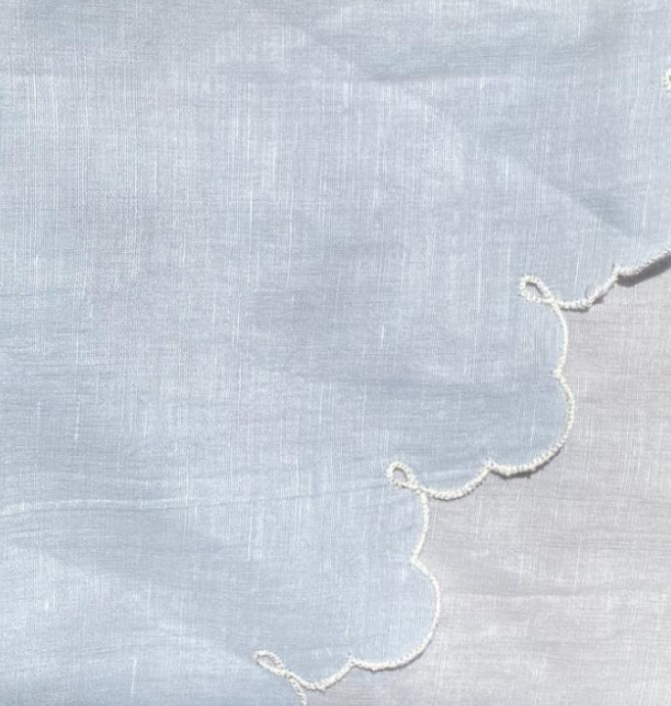 Scalloped V neckline trim with curved stitched eyelet detailing on light blue fabric