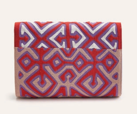 Oguala clutch with red and beige geometric pattern and fold-over flap