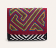 Igal clutch with red flap, multicolor zigzag embroidery and black-and-white striped front