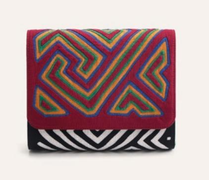 Igal clutch with red flap, multicolor zigzag embroidery and black-and-white striped front