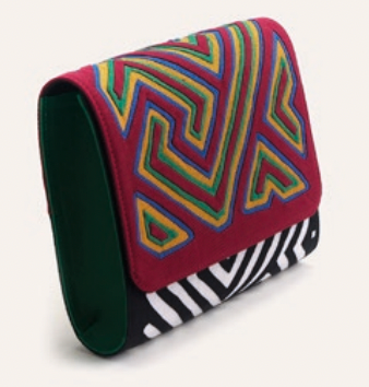 Igal clutch side view with red multicolor zigzag flap and green-lined interior