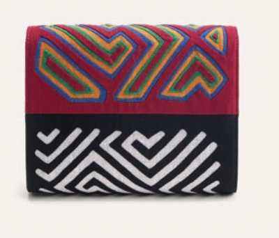 Igal clutch with red top and multicolor chevron pattern, black-and-white zigzag base