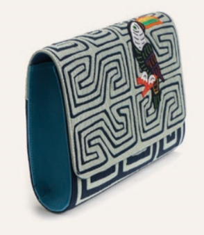 Toucan clutch side view, blue geometric maze print with toucan appliqué