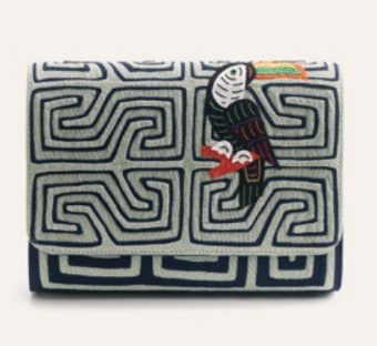 Toucan clutch with blue maze pattern and colorful toucan patch on front