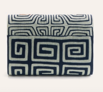 Toucan clutch back view with blue maze pattern panel