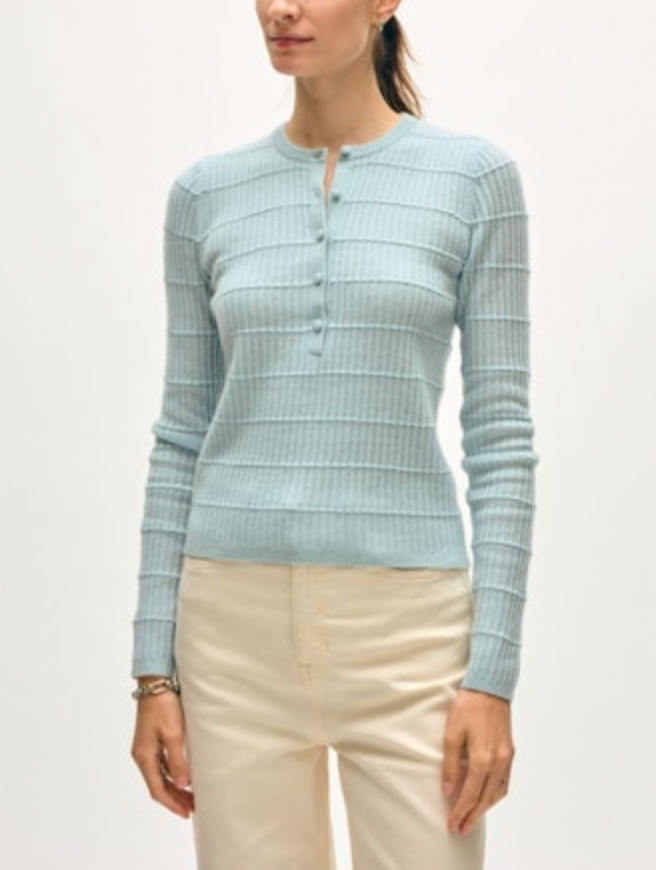 Cashmere textured henley sweater in light blue, button-front and ribbed knit rows